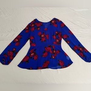 Sheer Peplum Blue Floral Blouse Tie-Back Elastic Waist Size Small